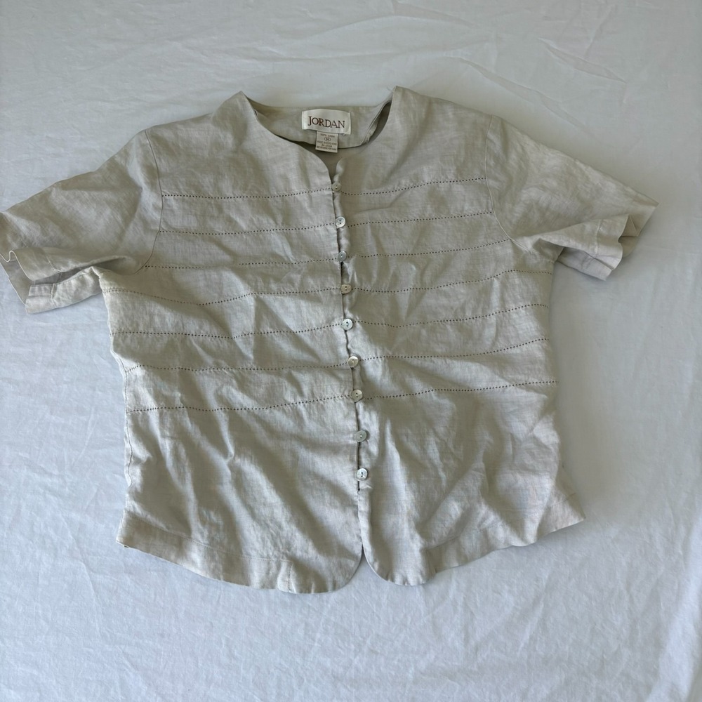 Vintage Jordan Womens Beige‎ Linen Stitched Detailing Button Down Blouse Size M